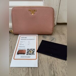 PRADA Saffiano Leather Zip Around Wallet Powder Pink & Gold COA & Receipt 6x4